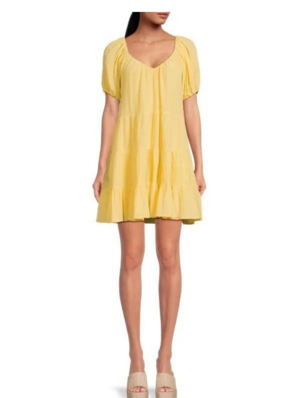 Rebecca Taylor Butter Yellow Puff-Sleeve Tiered Mini Dress Cotton/Silk EUC Small